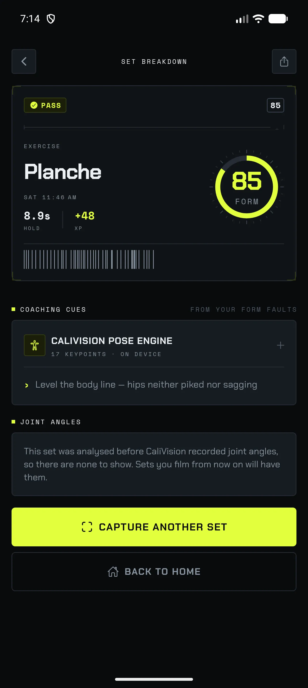 The CaliVision set breakdown screen: a planche hold marked PASS with a form score of 85 out of 100, an 8.9-second hold, the coaching cue 'Level the body line — hips neither piked nor sagging', and a panel reading 'CaliVision pose engine · 17 keypoints · on device'.