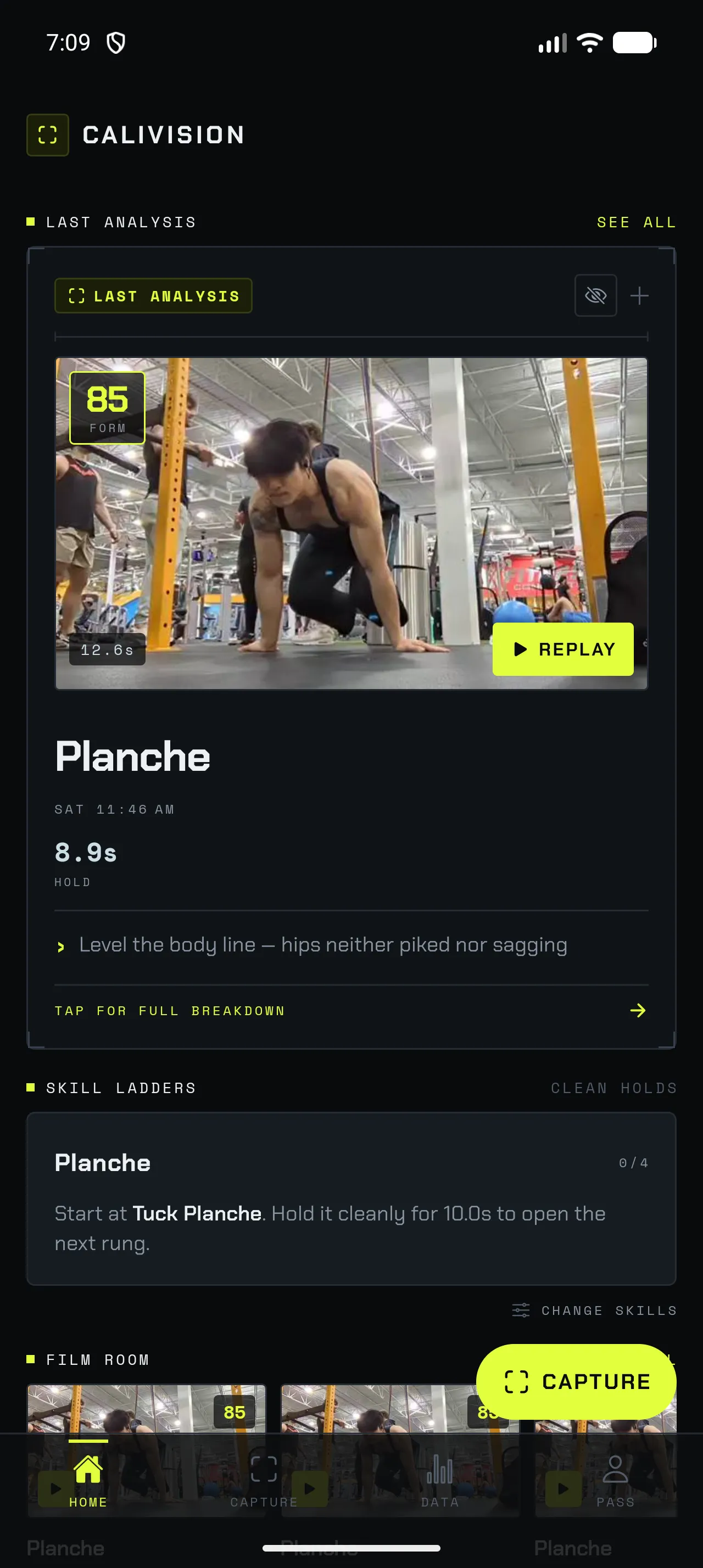 The CaliVision home screen on an Android phone, showing the last analysed set: a planche hold scored 85 out of 100, held for 8.9 seconds, with a frame from the clip and the coaching cue 'Level the body line — hips neither piked nor sagging'.